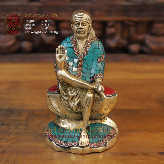 Brass Shirdi Sai Baba, Golden & Stonework, 8.5"