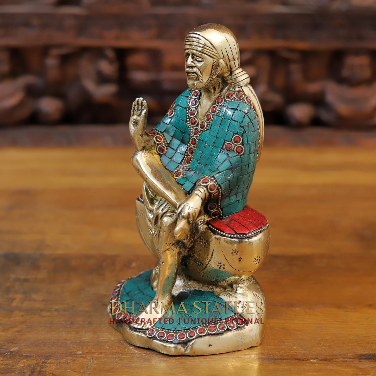 Brass Shirdi Sai Baba, Golden & Stonework, 8.5"