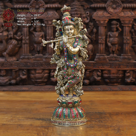 Brass Krishna Statue Playing Flute, Golden Finish & Stonework, 20.5"