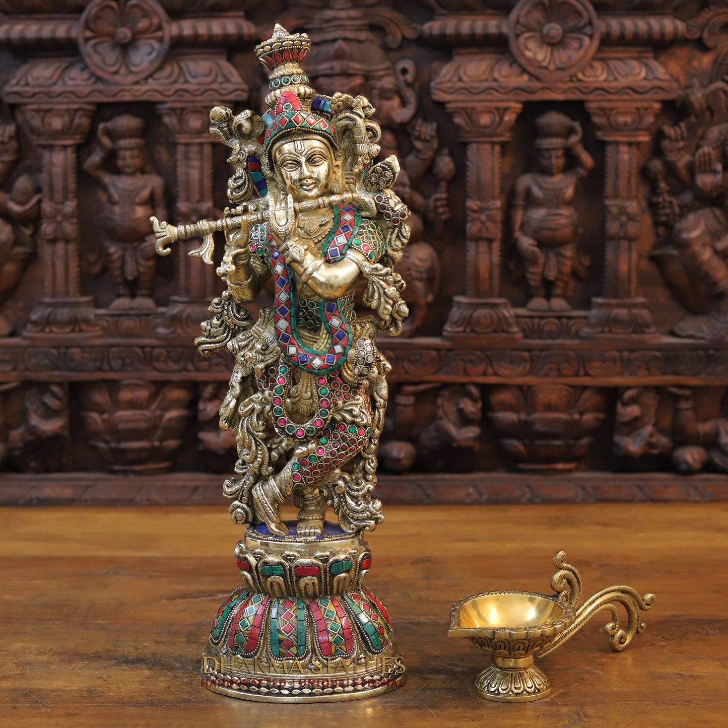 Brass Krishna Statue Playing Flute, Golden Finish & Stonework, 20.5"
