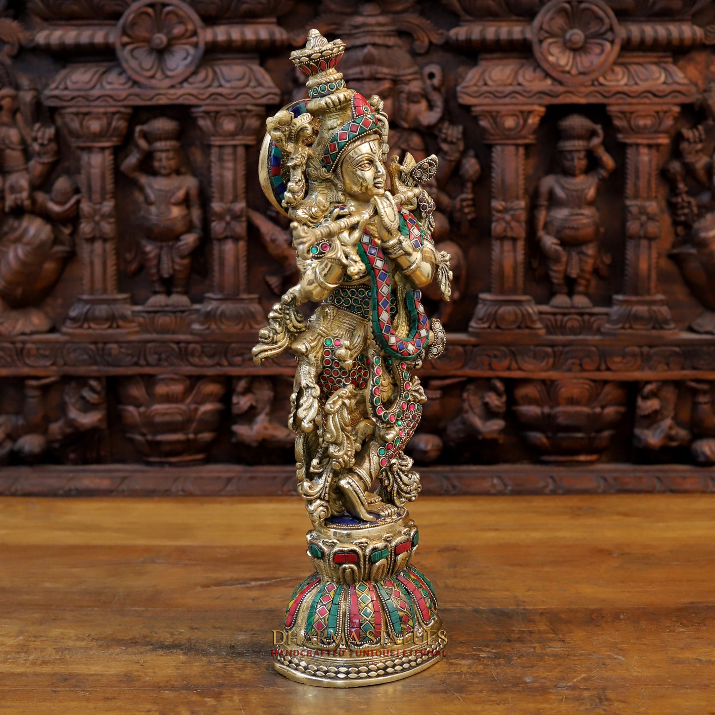 Brass Krishna Statue Playing Flute, Golden Finish & Stonework, 20.5"