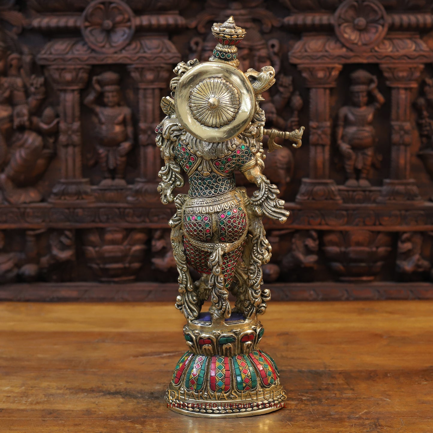 Brass Krishna Statue Playing Flute, Golden Finish & Stonework, 20.5"
