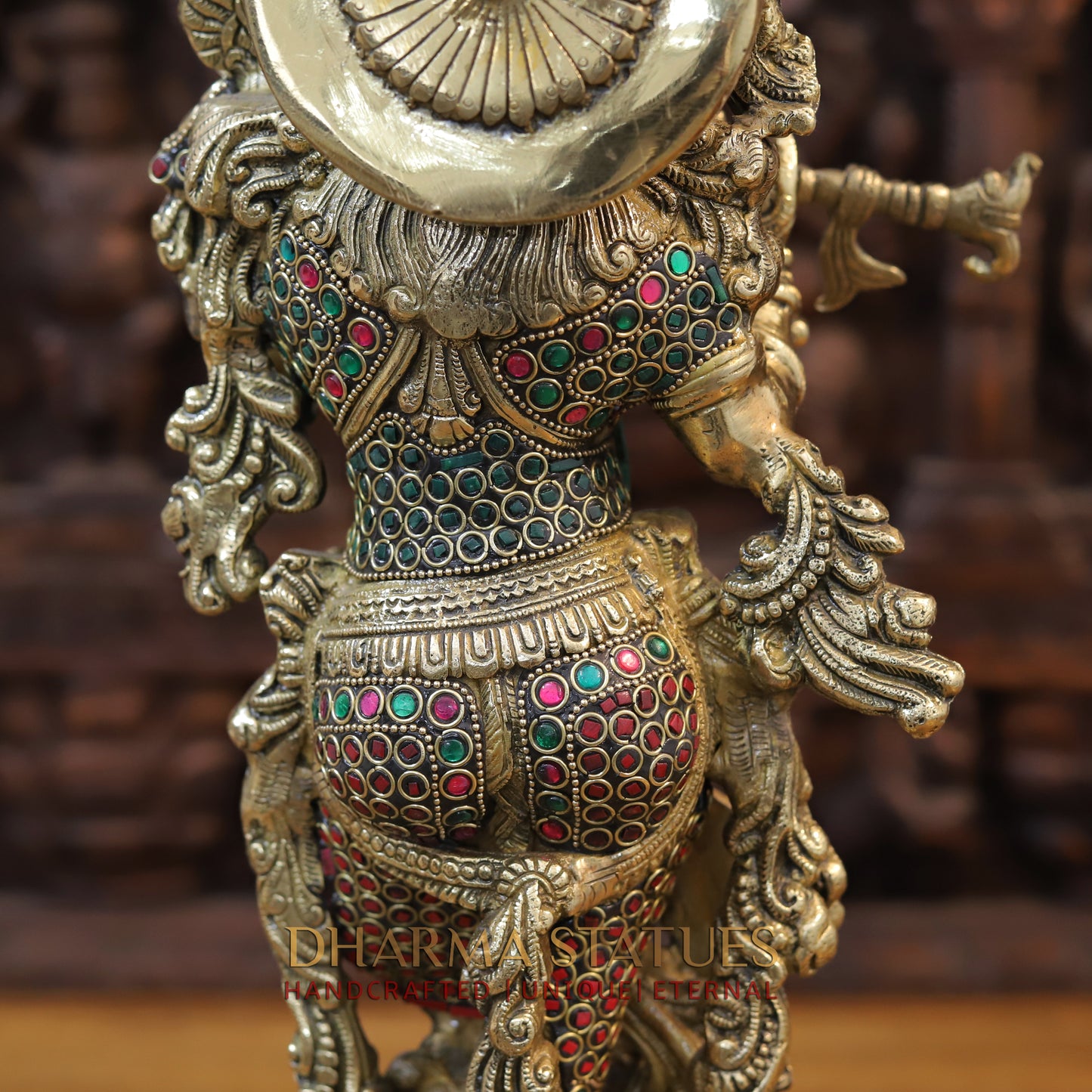 Brass Krishna Statue Playing Flute, Golden Finish & Stonework, 20.5"