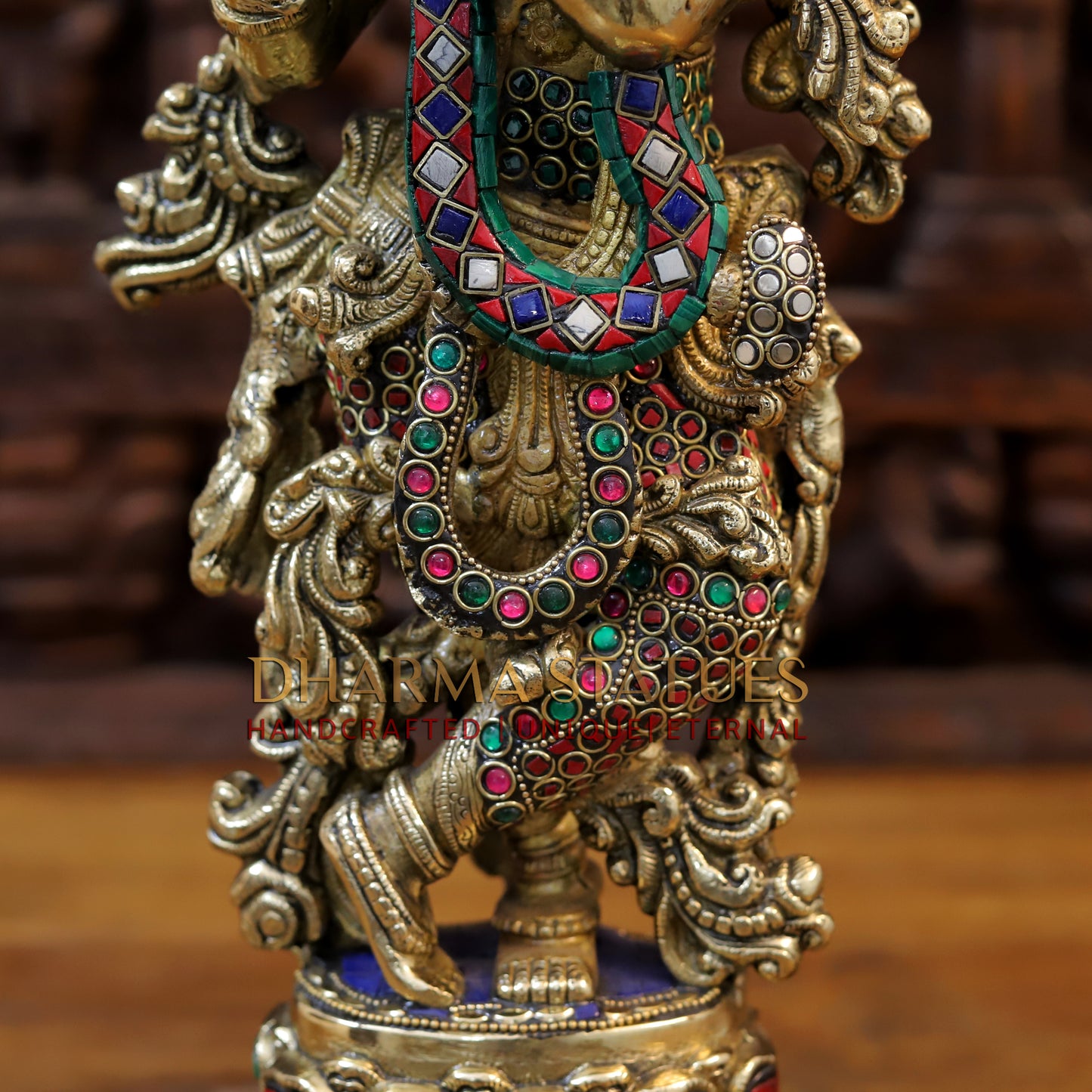 Brass Krishna Statue Playing Flute, Golden Finish & Stonework, 20.5"