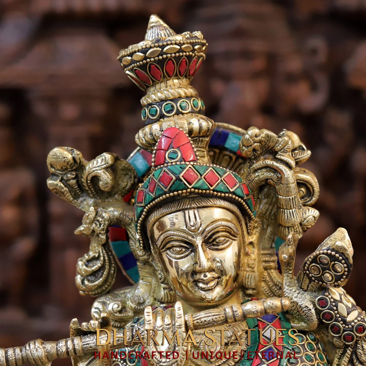 Brass Krishna Statue Playing Flute, Golden Finish & Stonework, 20.5"