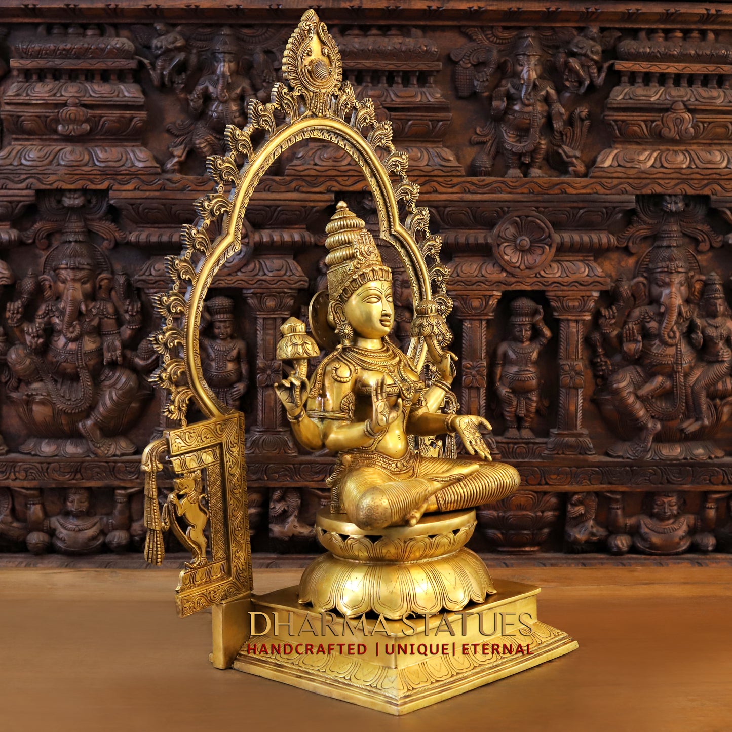 Brass Lakshmi Statue, Seated on a Throne, Fine Golden Finish, 32.5"