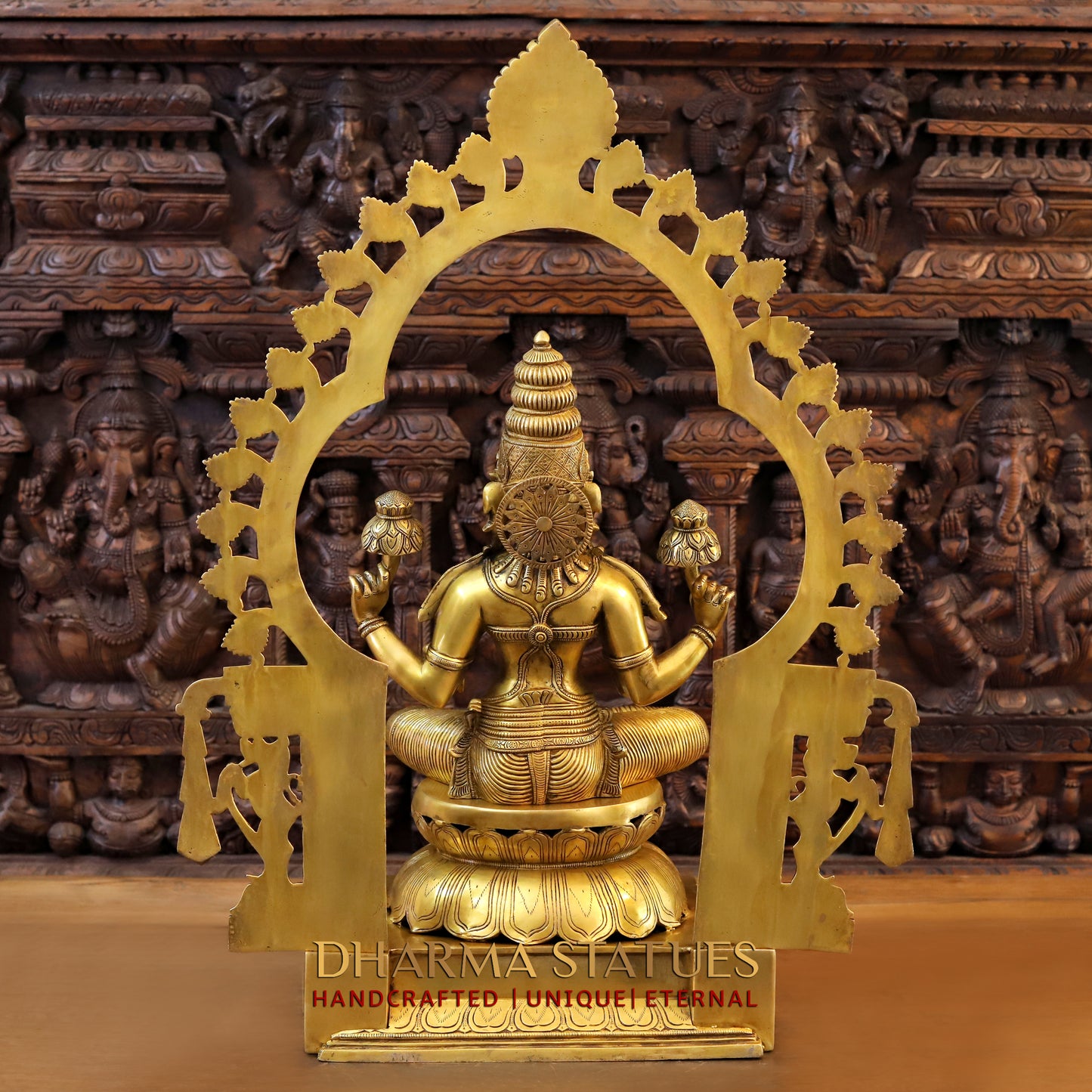 Brass Lakshmi Statue, Seated on a Throne, Fine Golden Finish, 32.5"