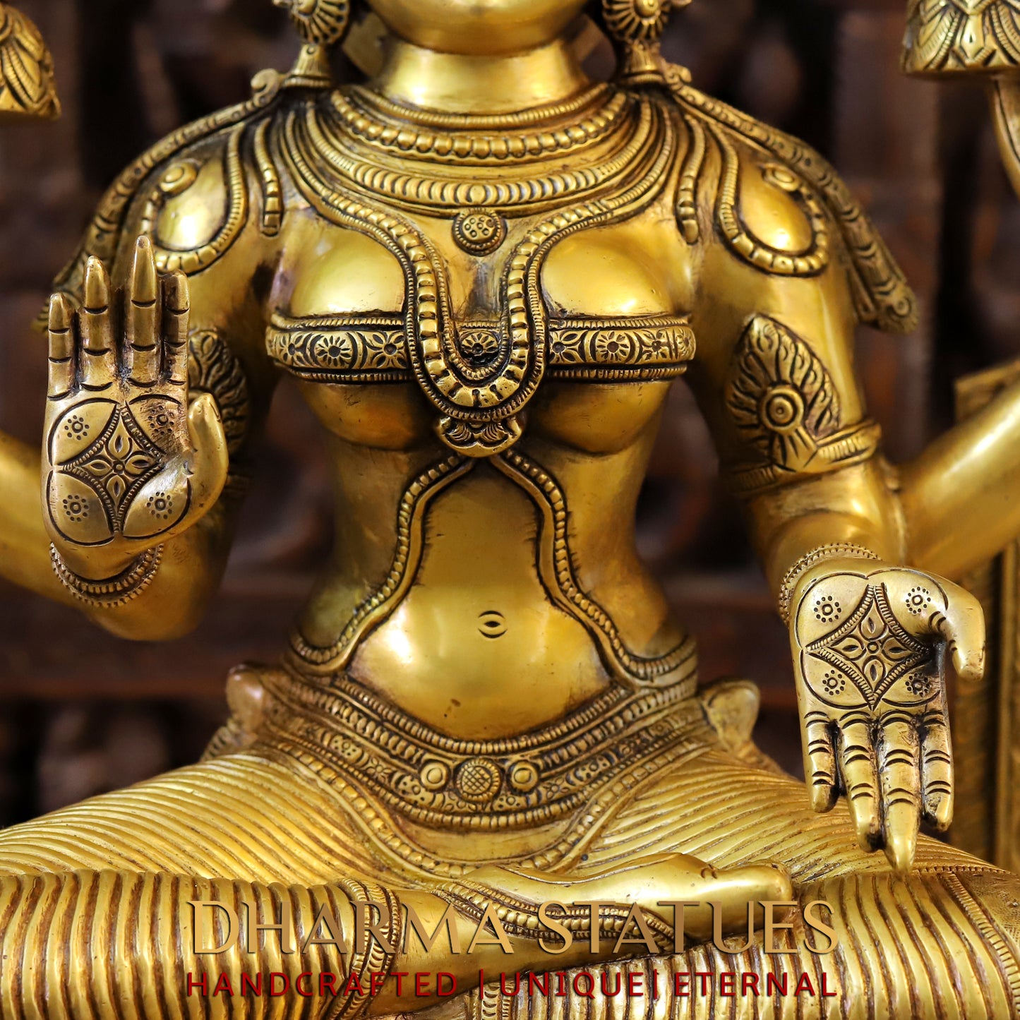 Brass Lakshmi Statue, Seated on a Throne, Fine Golden Finish, 32.5"