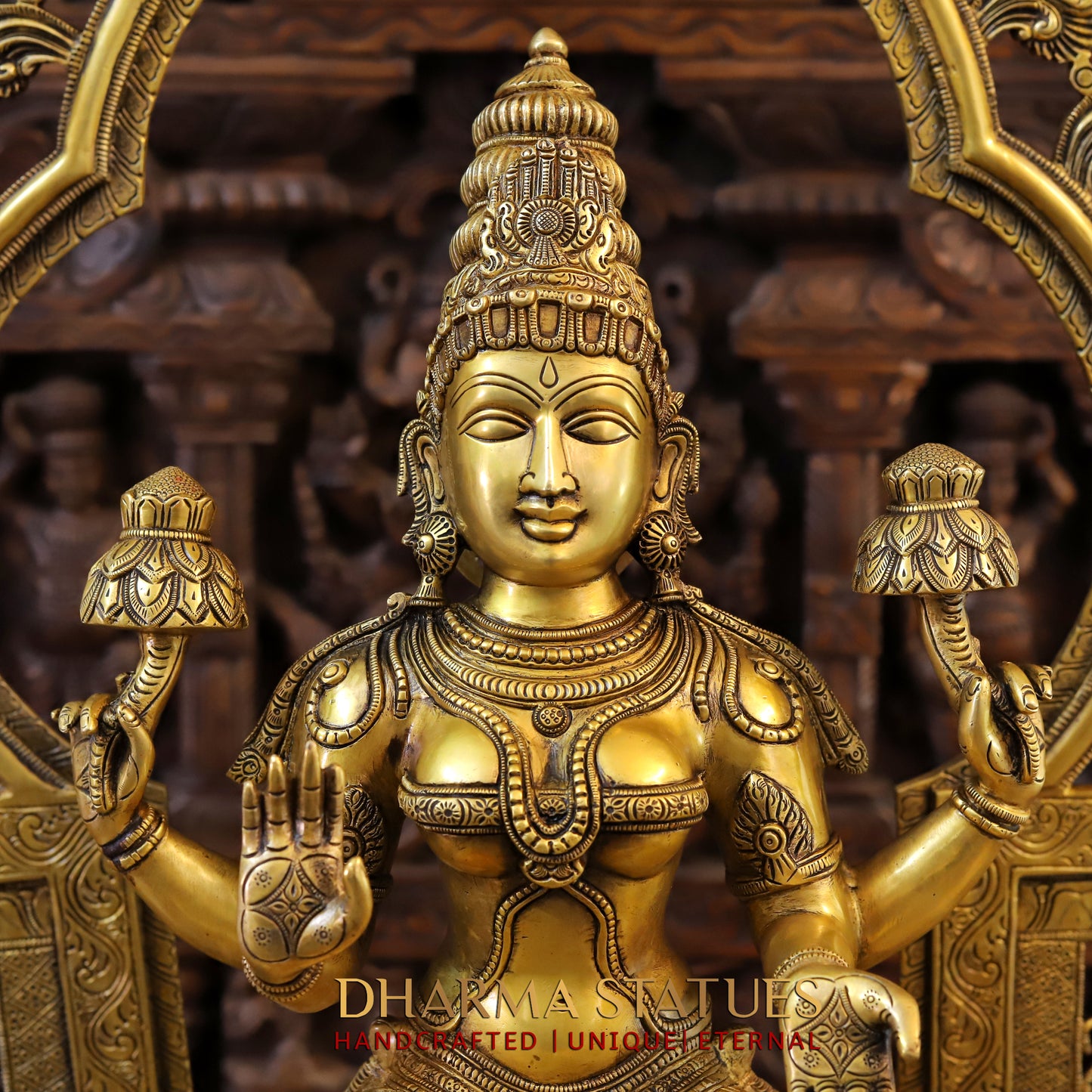 Brass Lakshmi Statue, Seated on a Throne, Fine Golden Finish, 32.5"