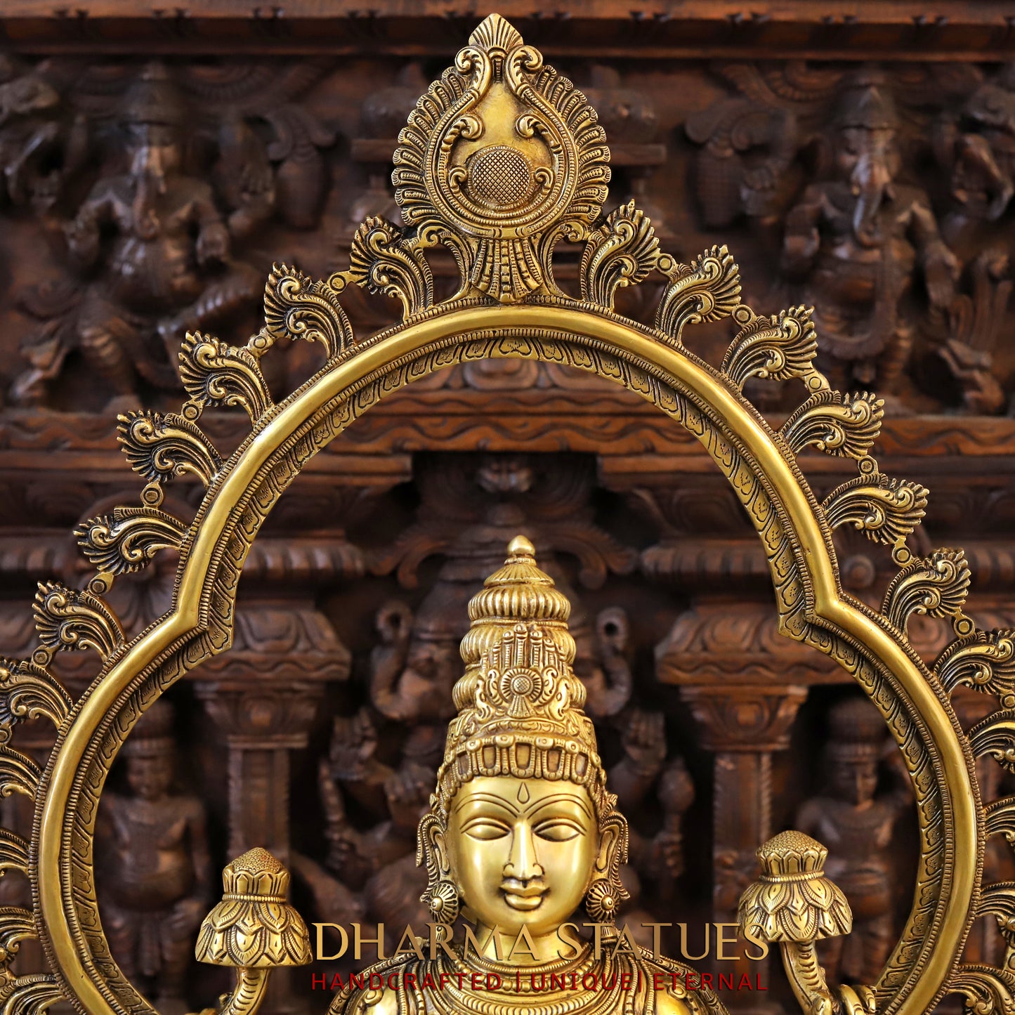 Brass Lakshmi Statue, Seated on a Throne, Fine Golden Finish, 32.5"