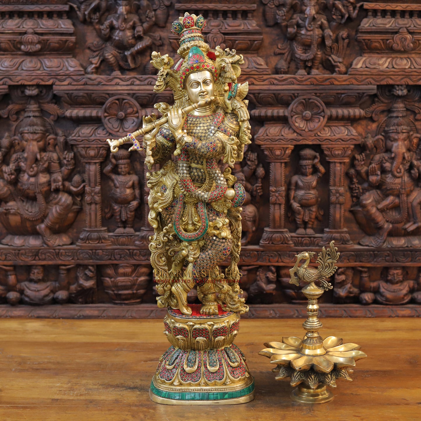 Brass Krishna Statue Playing Flute, Golden Finish & Stonework, 29.5"