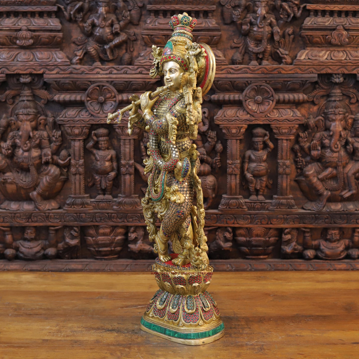 Brass Krishna Statue Playing Flute, Golden Finish & Stonework, 29.5"