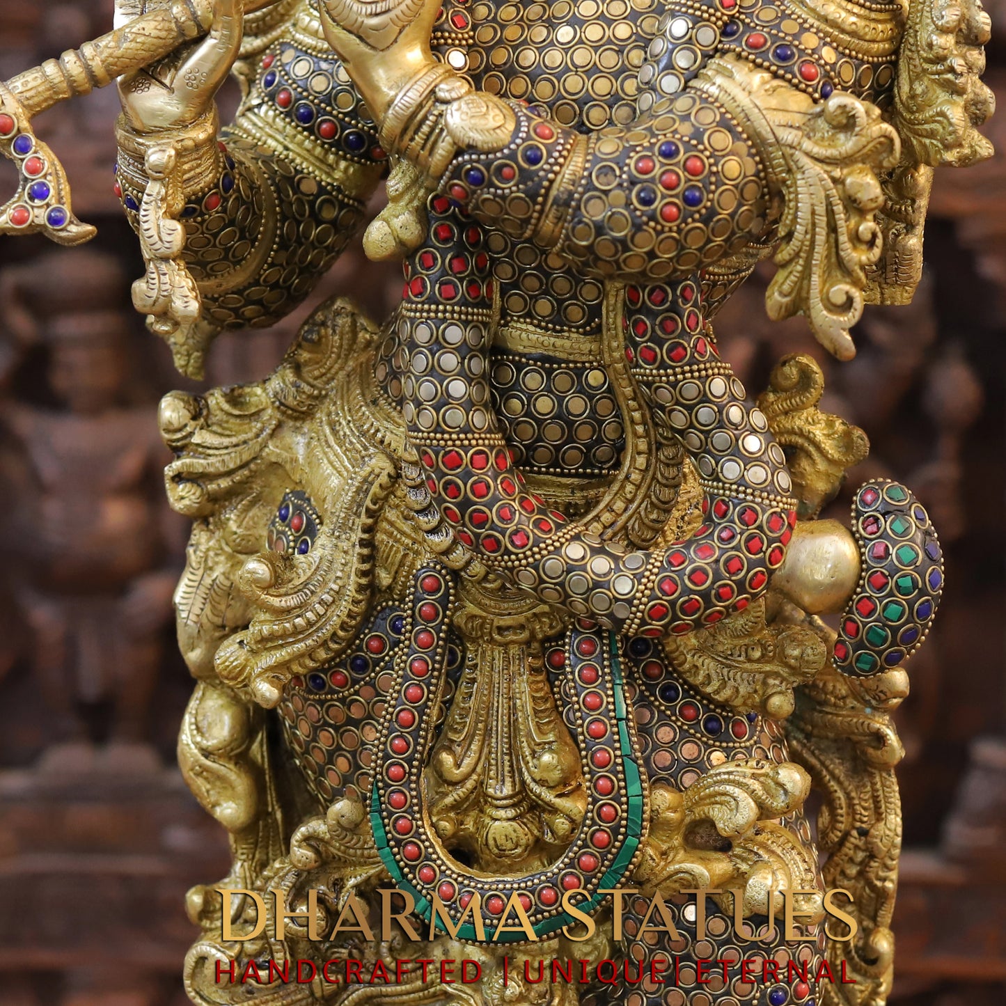 Brass Krishna Statue Playing Flute, Golden Finish & Stonework, 29.5"