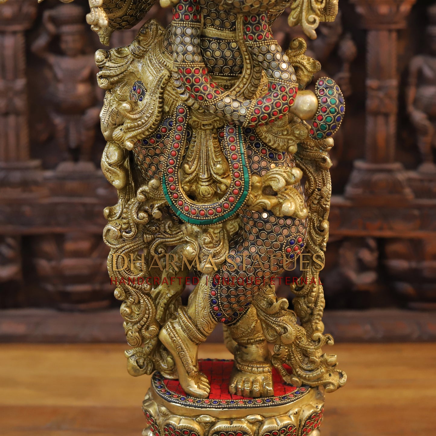 Brass Krishna Statue Playing Flute, Golden Finish & Stonework, 29.5"