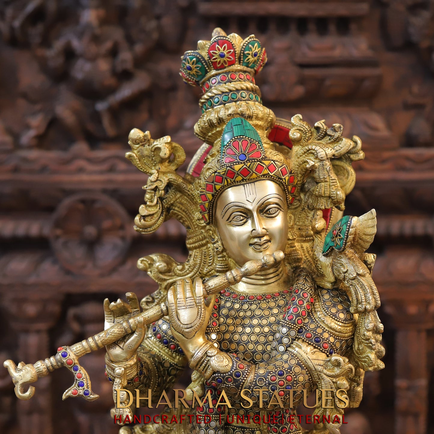 Brass Krishna Statue Playing Flute, Golden Finish & Stonework, 29.5"