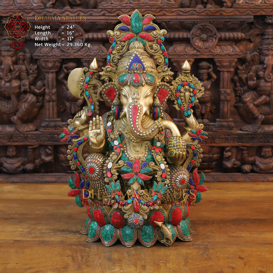 Brass Ganesh Seated with Rat, Golden Finish & Stonework, 24"