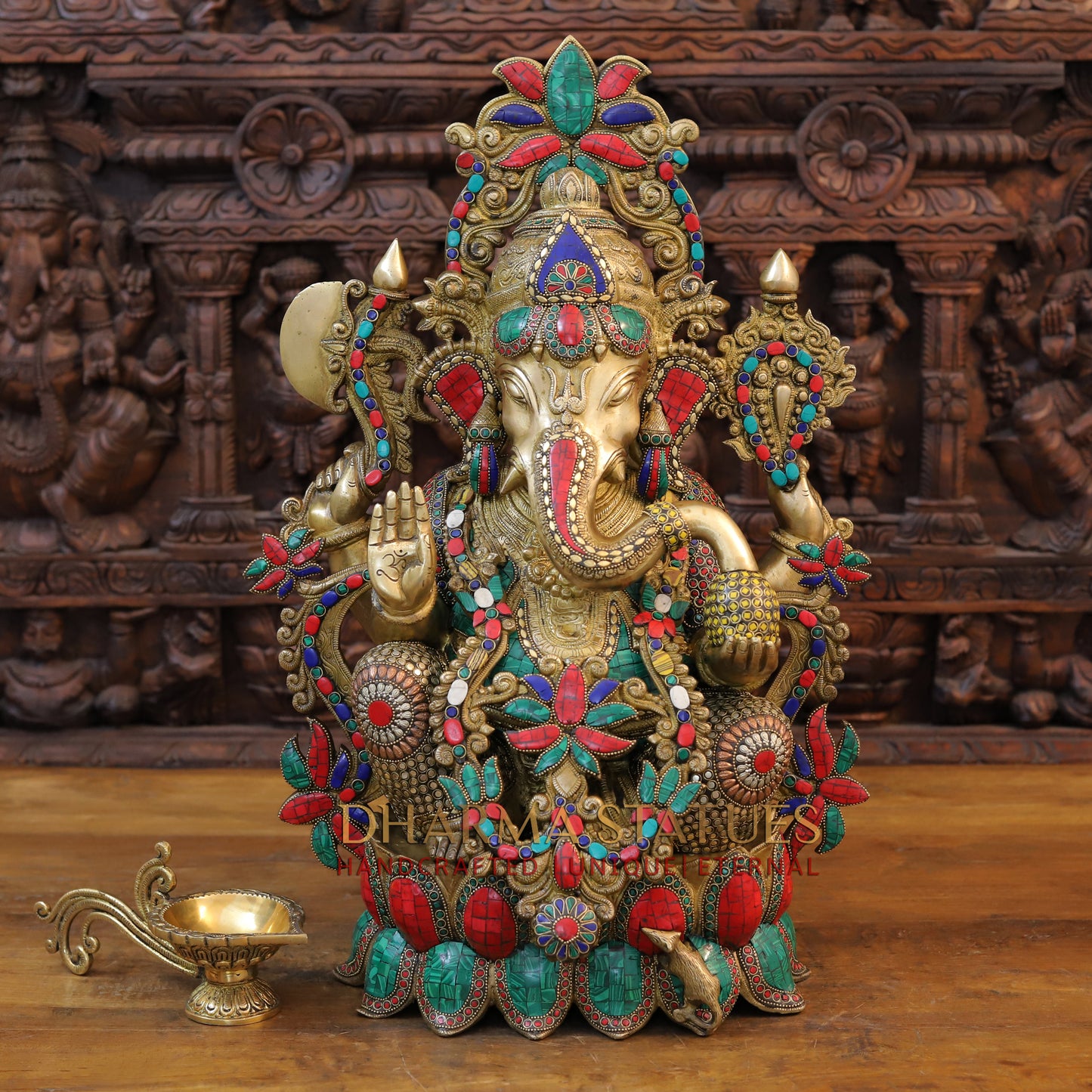 Brass Ganesh Seated with Rat, Golden Finish & Stonework, 24"