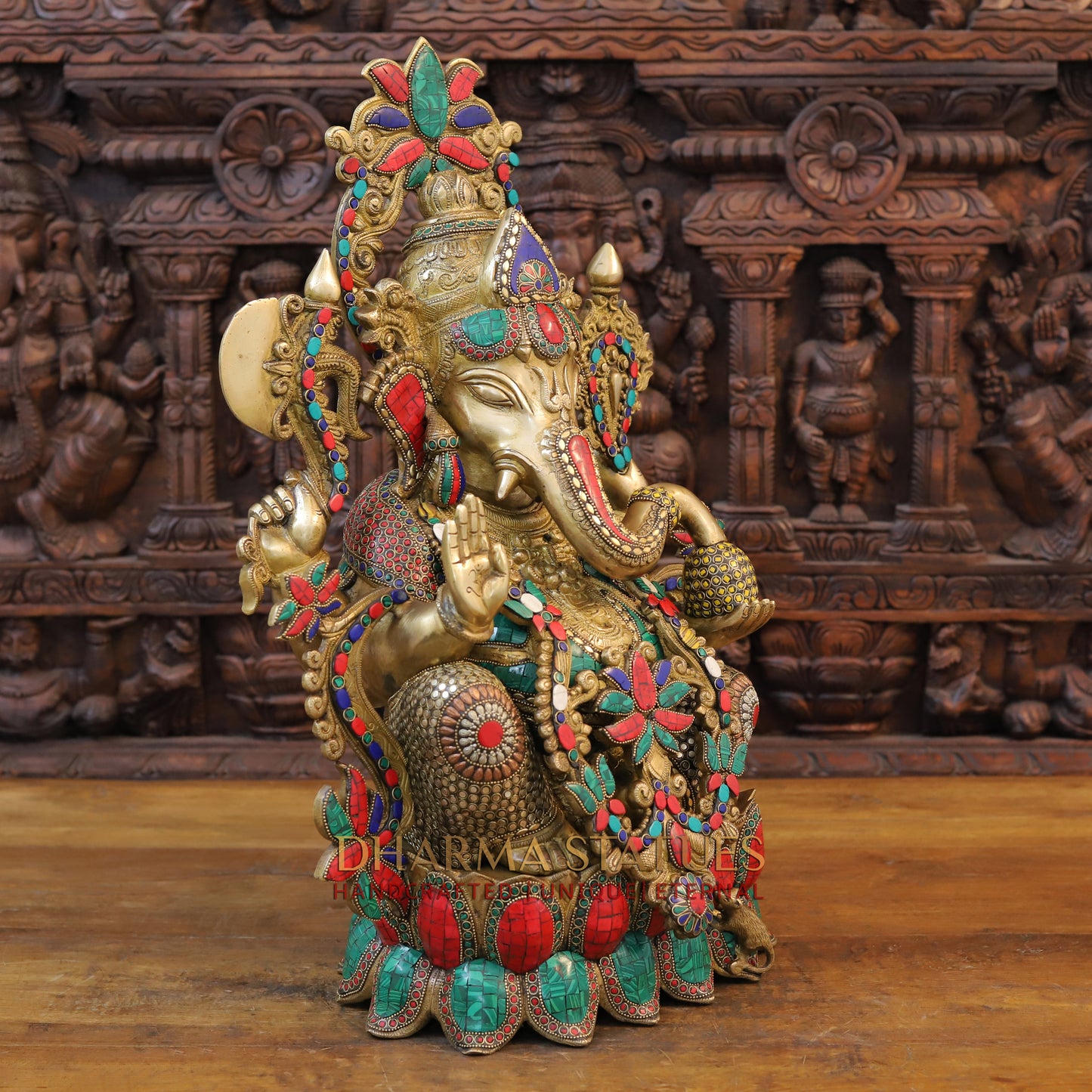 Brass Ganesh Seated with Rat, Golden Finish & Stonework, 24"
