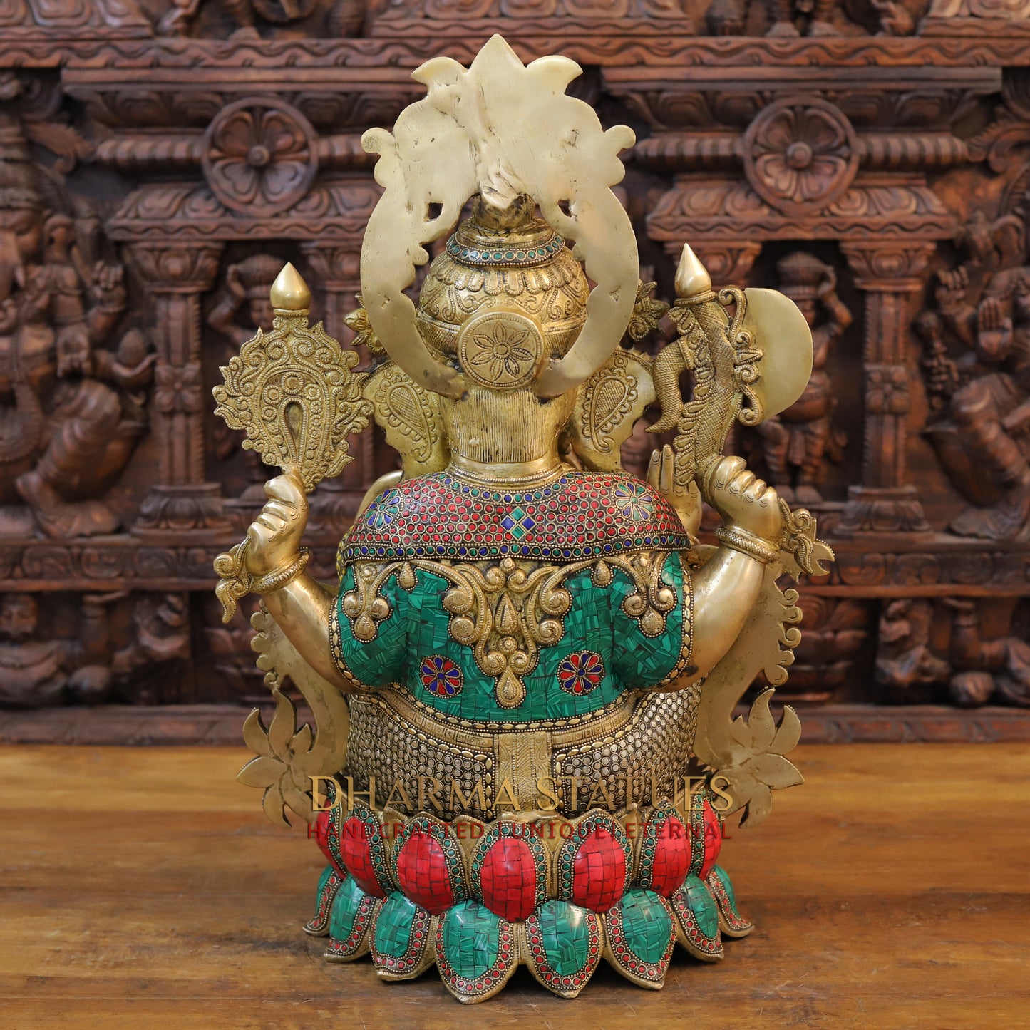 Brass Ganesh Seated with Rat, Golden Finish & Stonework, 24"