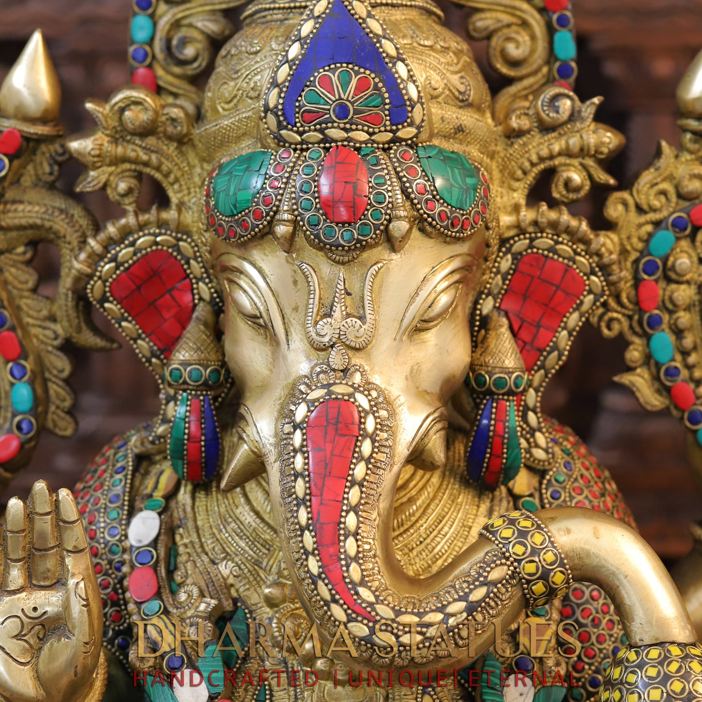 Brass Ganesh Seated with Rat, Golden Finish & Stonework, 24"