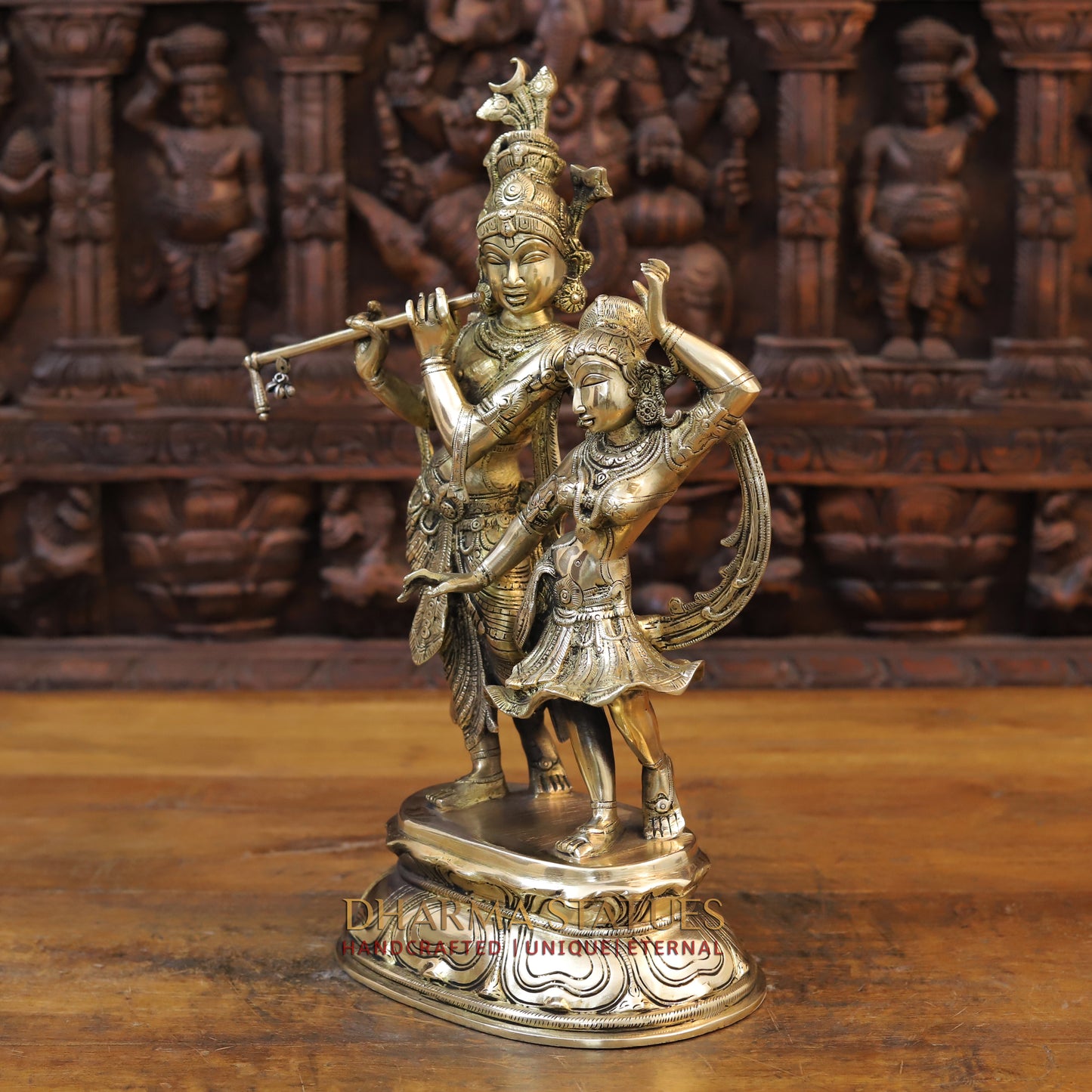 Brass Krishna and Radha in Dancing Moment, Golden Finish, 16.5"