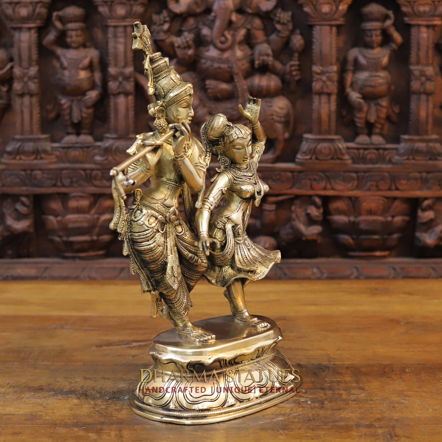 Brass Krishna and Radha in Dancing Moment, Golden Finish, 16.5"