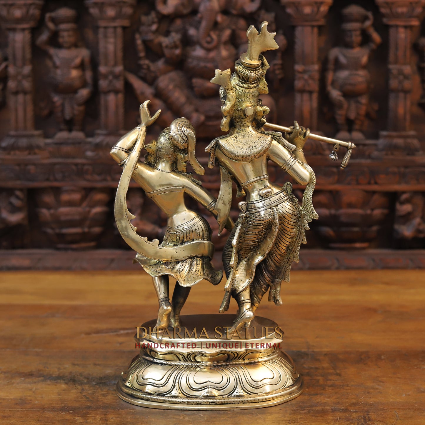 Brass Krishna and Radha in Dancing Moment, Golden Finish, 16.5"