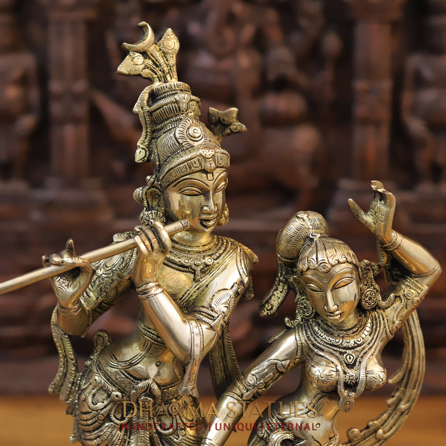 Brass Krishna and Radha in Dancing Moment, Golden Finish, 16.5"