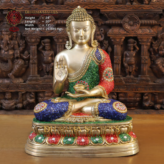 Brass Buddha seated in Blessing Posture, Stonework & Golden Finish, 24"