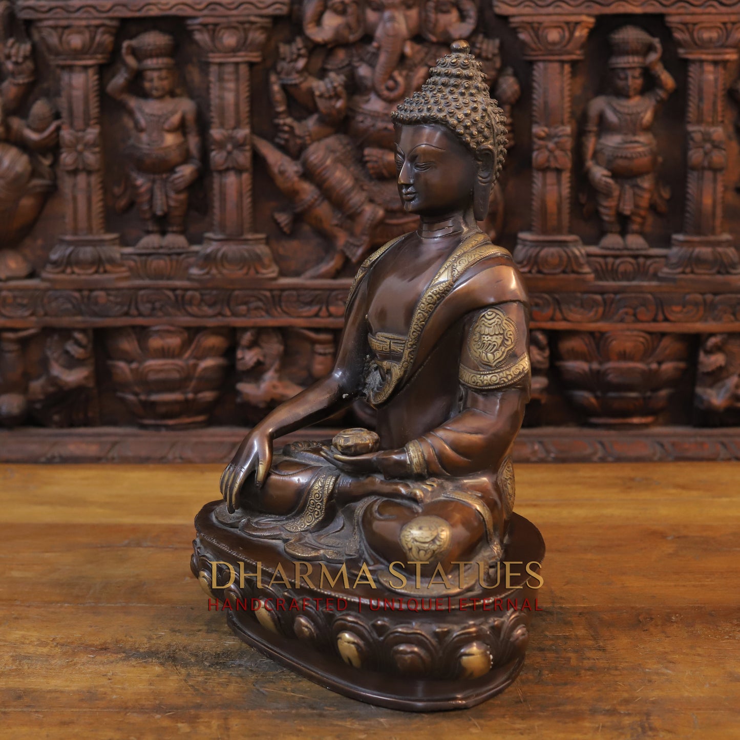 Brass Buddha Sitting in Meditation Position, Copper & Golden Finish, 17.5"