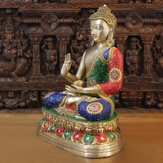 Brass Buddha seated in Blessing Posture, Stonework & Golden Finish, 24"