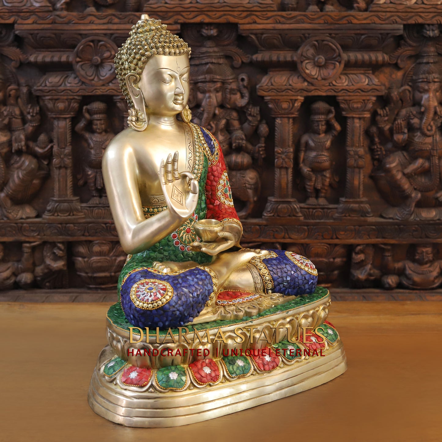 Brass Buddha seated in Blessing Posture, Stonework & Golden Finish, 24"