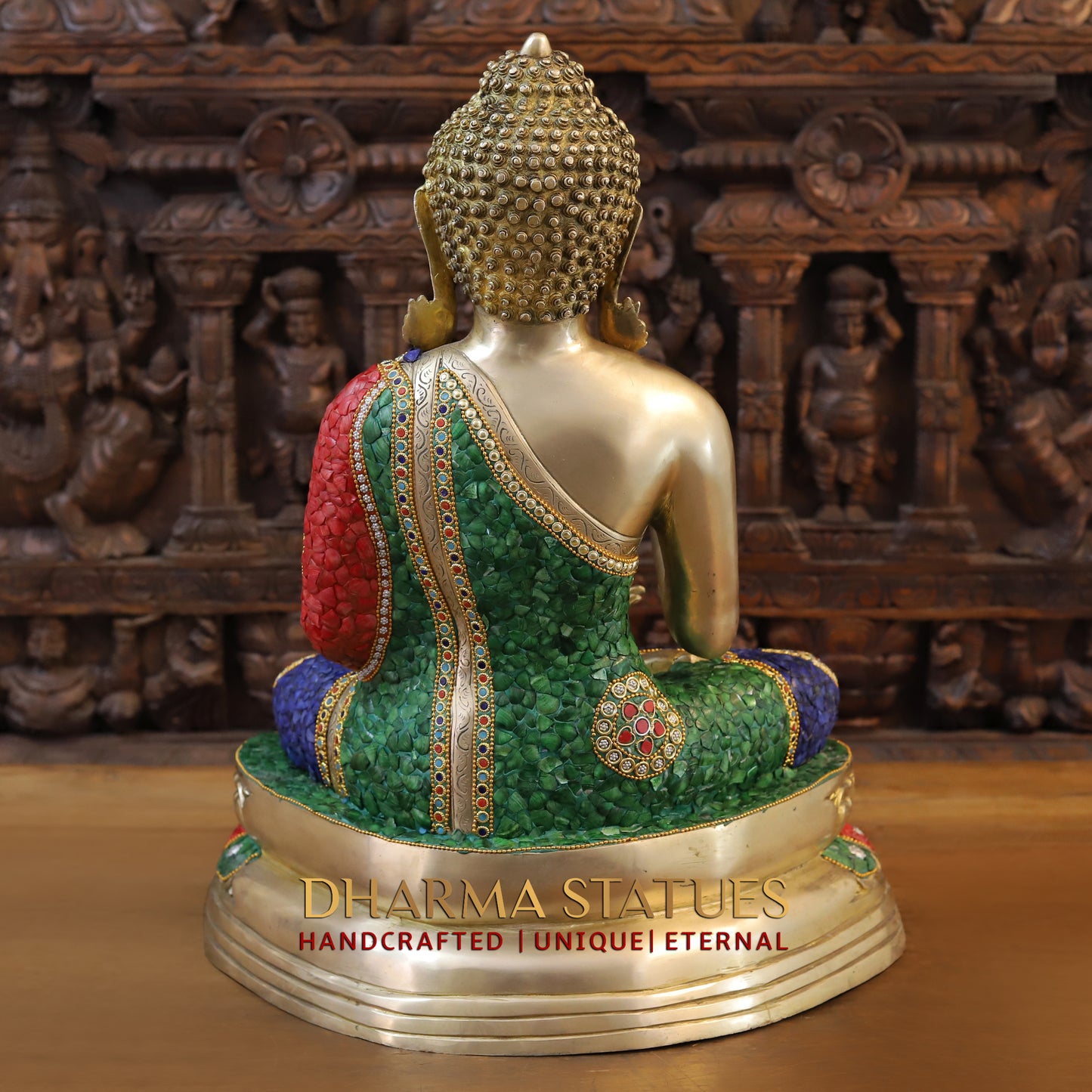 Brass Buddha seated in Blessing Posture, Stonework & Golden Finish, 24"