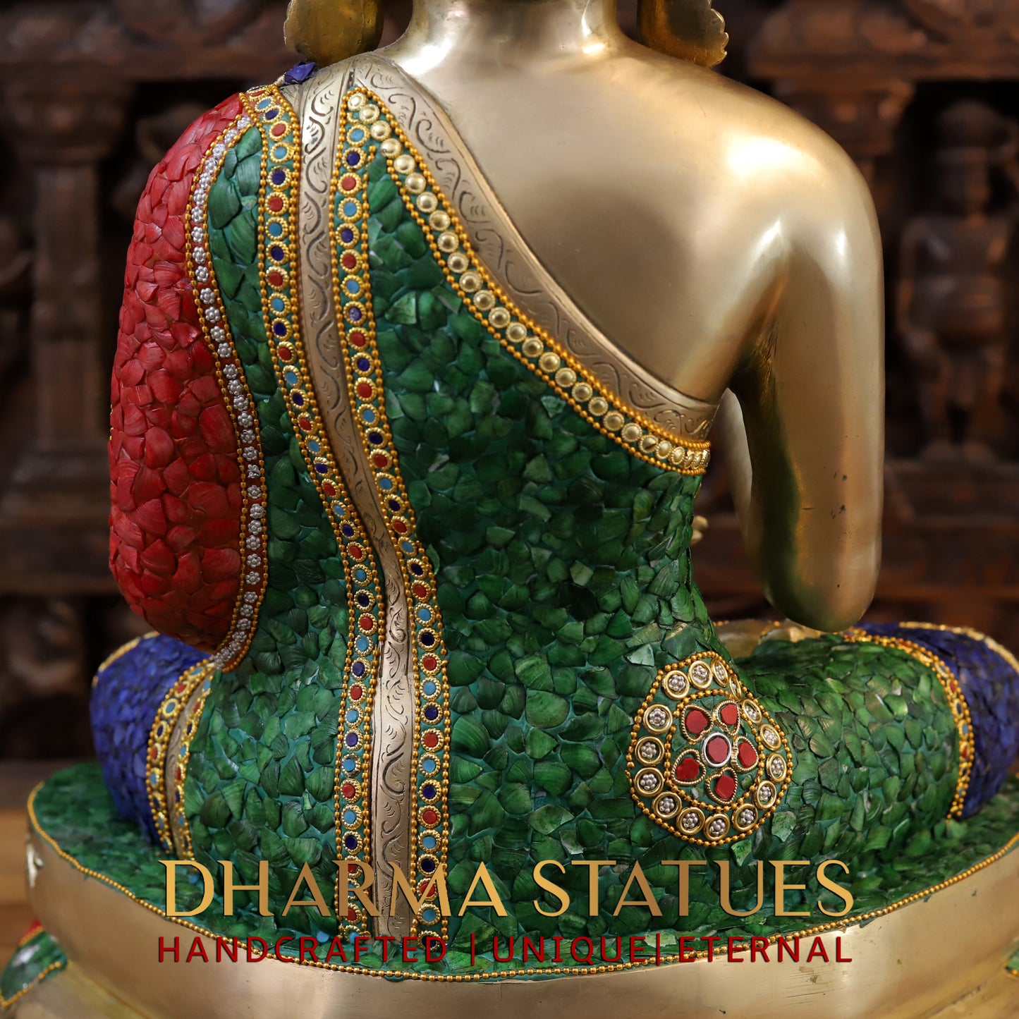 Brass Buddha seated in Blessing Posture, Stonework & Golden Finish, 24"