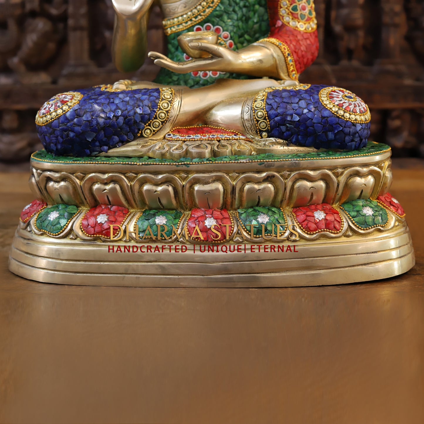 Brass Buddha seated in Blessing Posture, Stonework & Golden Finish, 24"