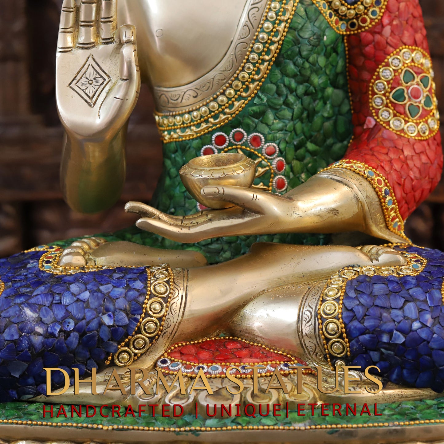 Brass Buddha seated in Blessing Posture, Stonework & Golden Finish, 24"