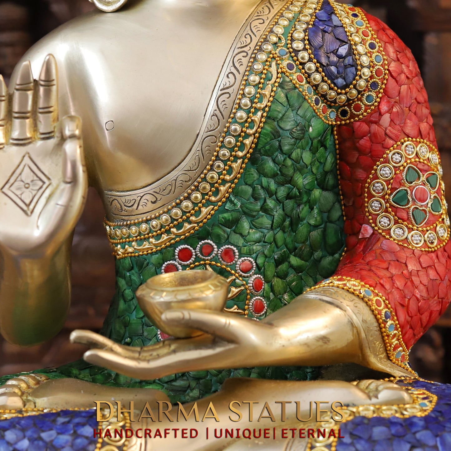 Brass Buddha seated in Blessing Posture, Stonework & Golden Finish, 24"