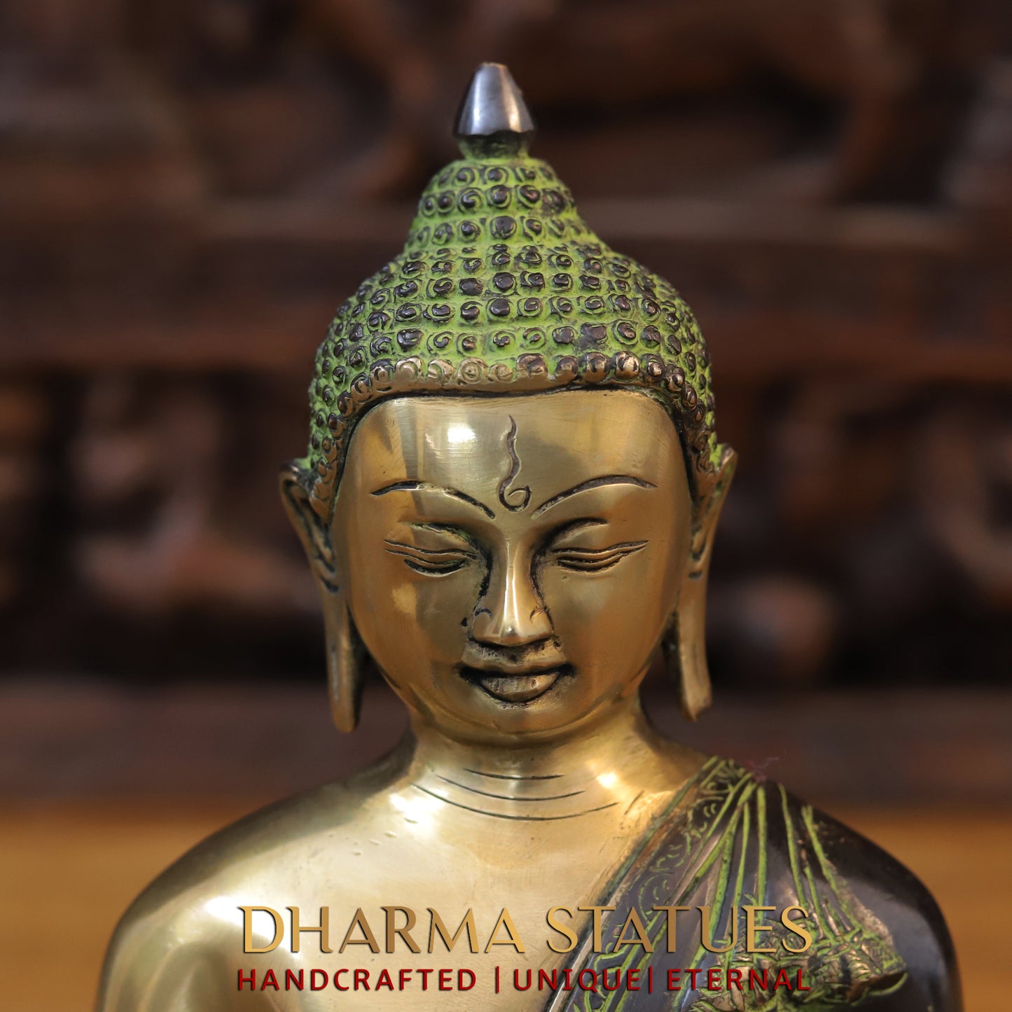 Brass Buddha, Green Tint & Golden Finish, 10.5"