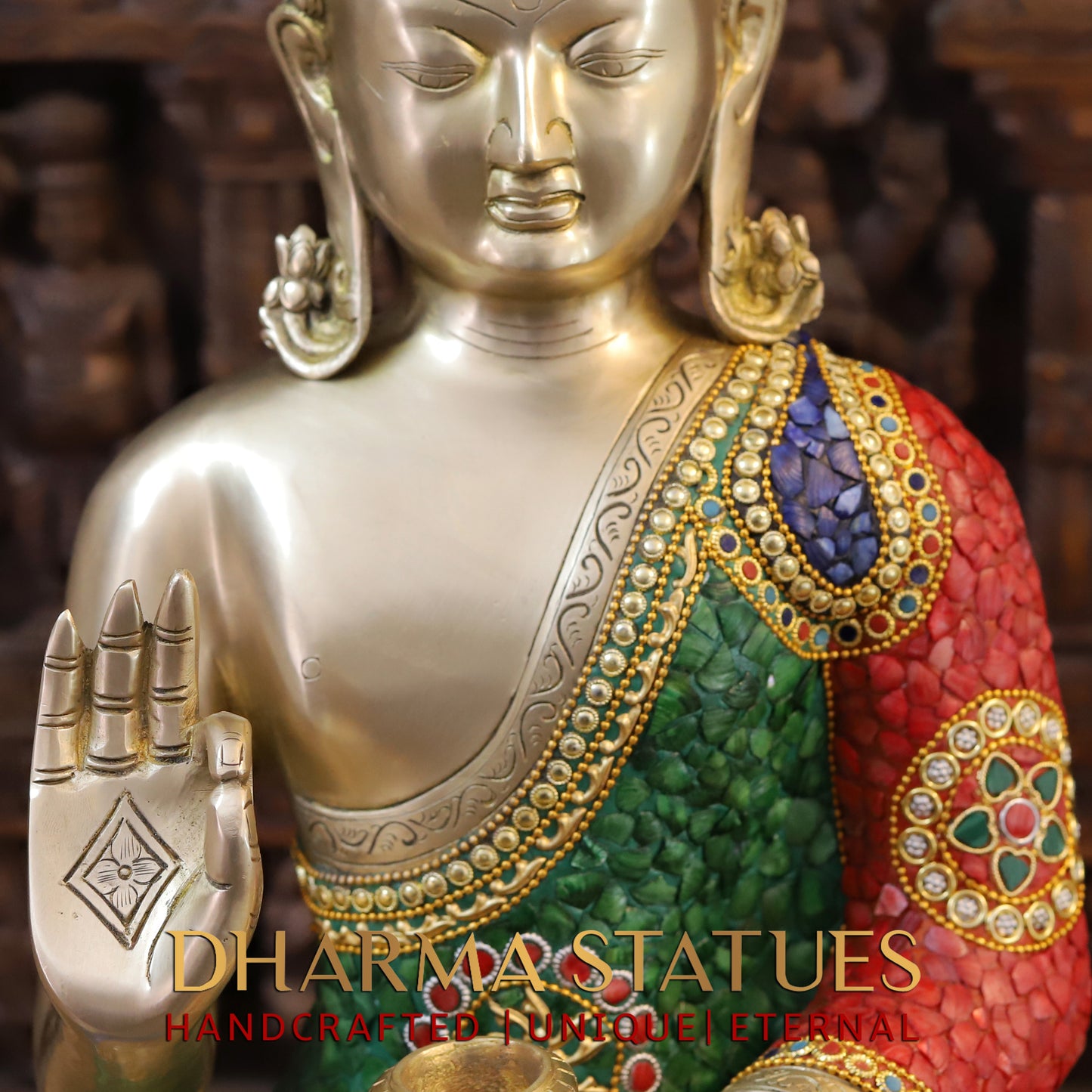 Brass Buddha seated in Blessing Posture, Stonework & Golden Finish, 24"