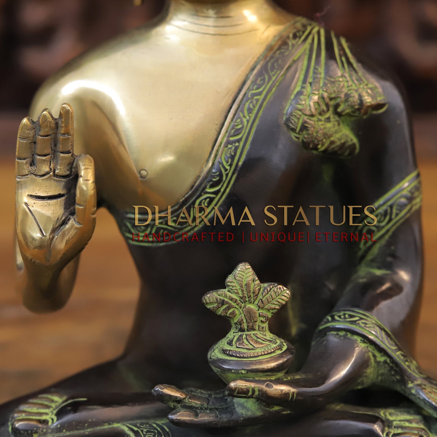 Brass Buddha, Green Tint & Golden Finish, 10.5"