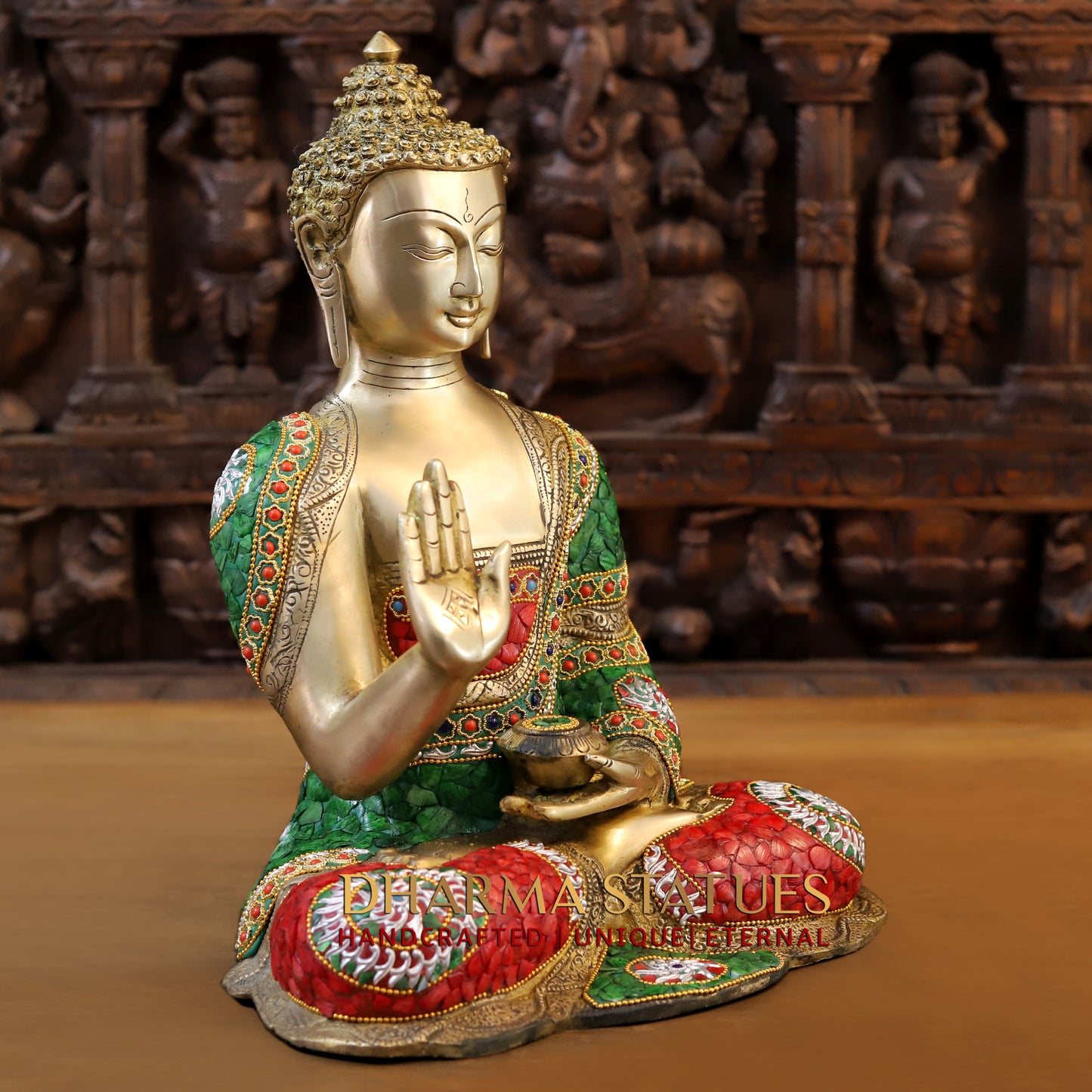 Brass Buddha seated in Blessing Posture, Stonework & Golden Finish, 16"