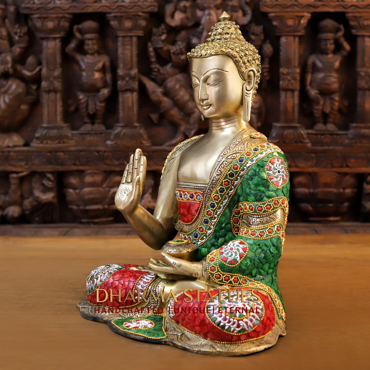 Brass Buddha seated in Blessing Posture, Stonework & Golden Finish, 16"