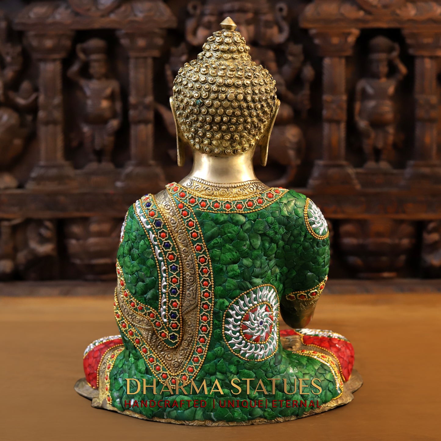 Brass Buddha seated in Blessing Posture, Stonework & Golden Finish, 16"