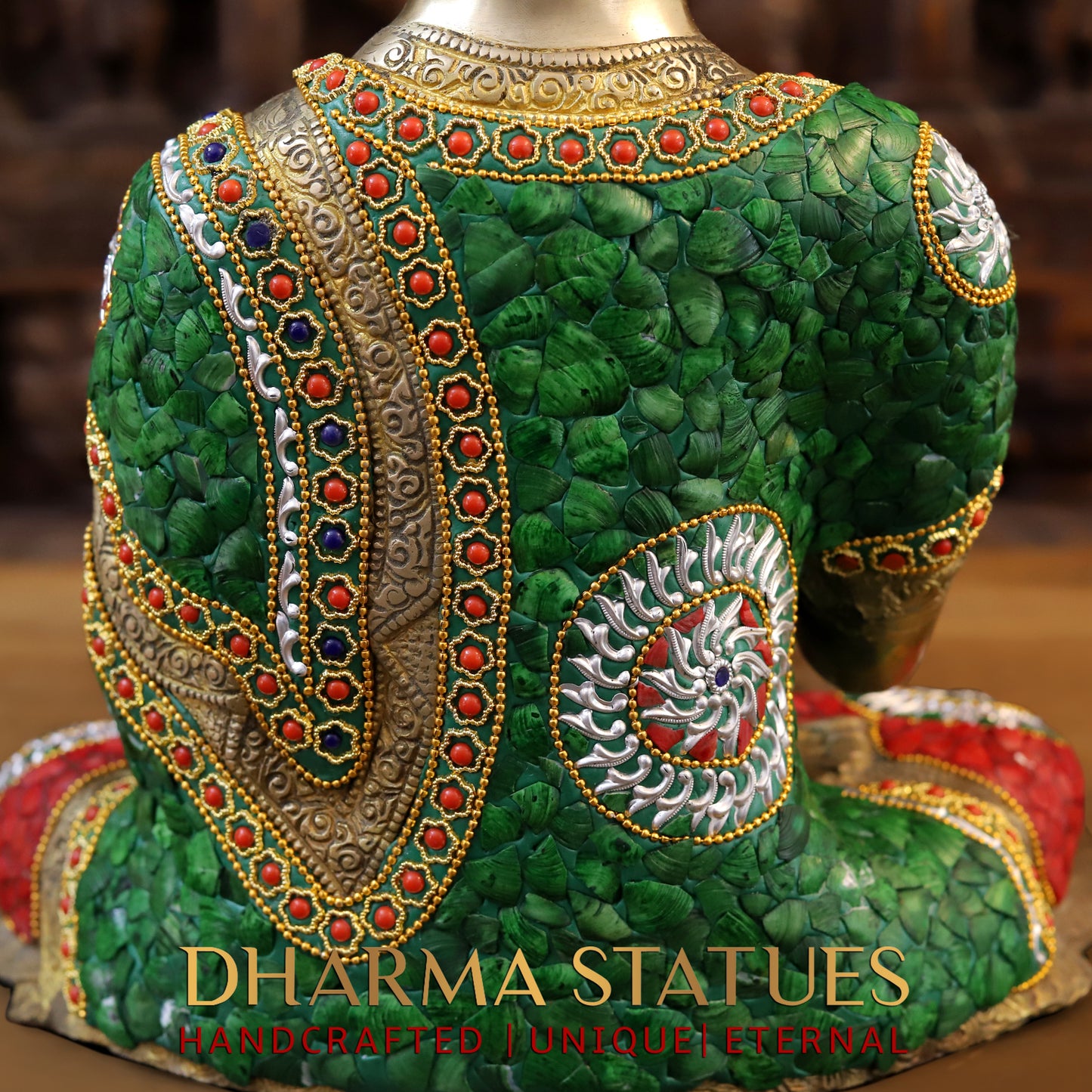 Brass Buddha seated in Blessing Posture, Stonework & Golden Finish, 16"