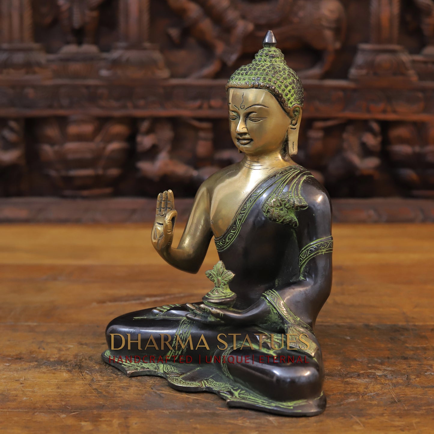 Brass Buddha, Green Tint & Golden Finish, 10.5"