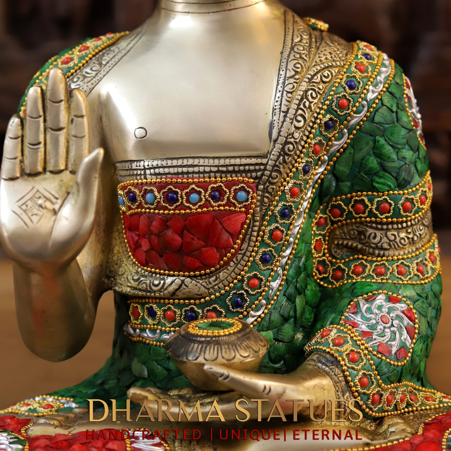 Brass Buddha seated in Blessing Posture, Stonework & Golden Finish, 16"