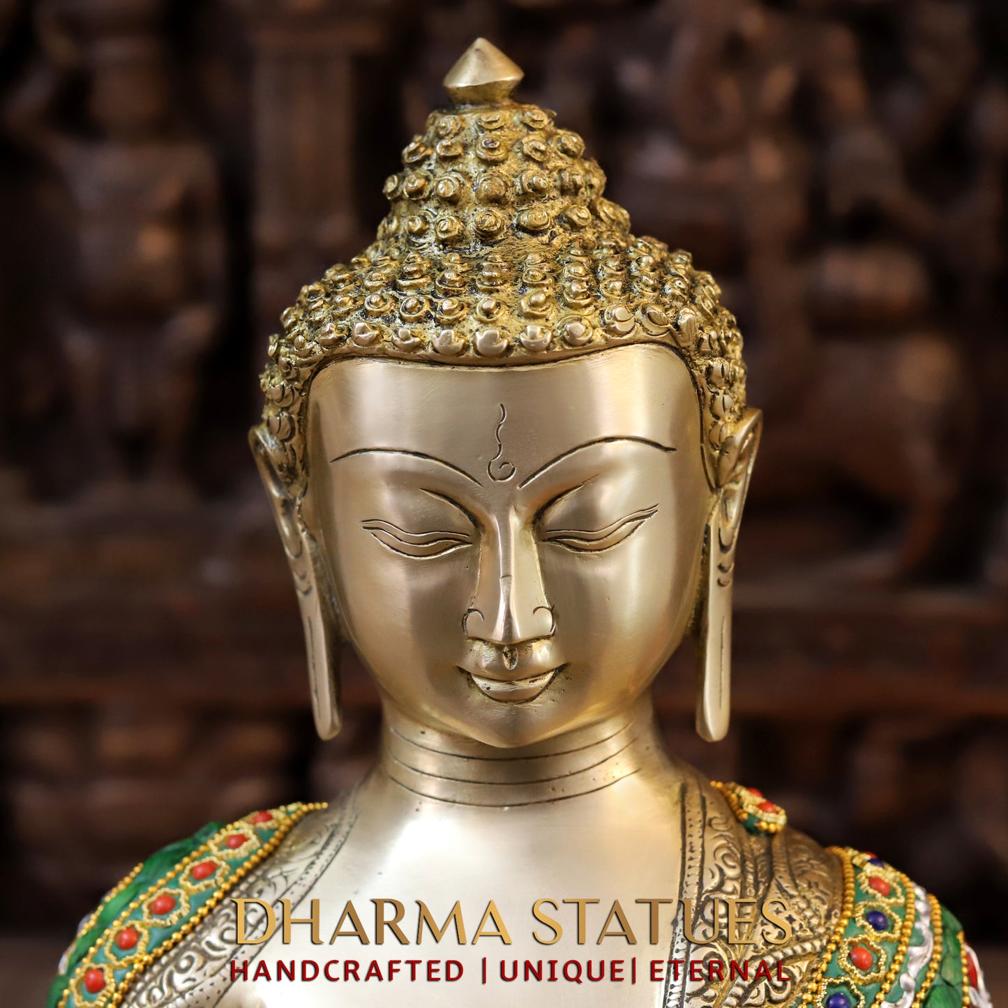 Brass Buddha seated in Blessing Posture, Stonework & Golden Finish, 16"