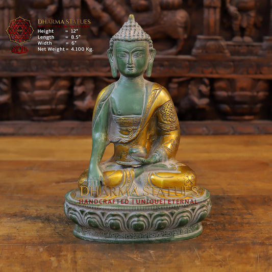 Brass Buddha, Green & Golden Finish, 12"
