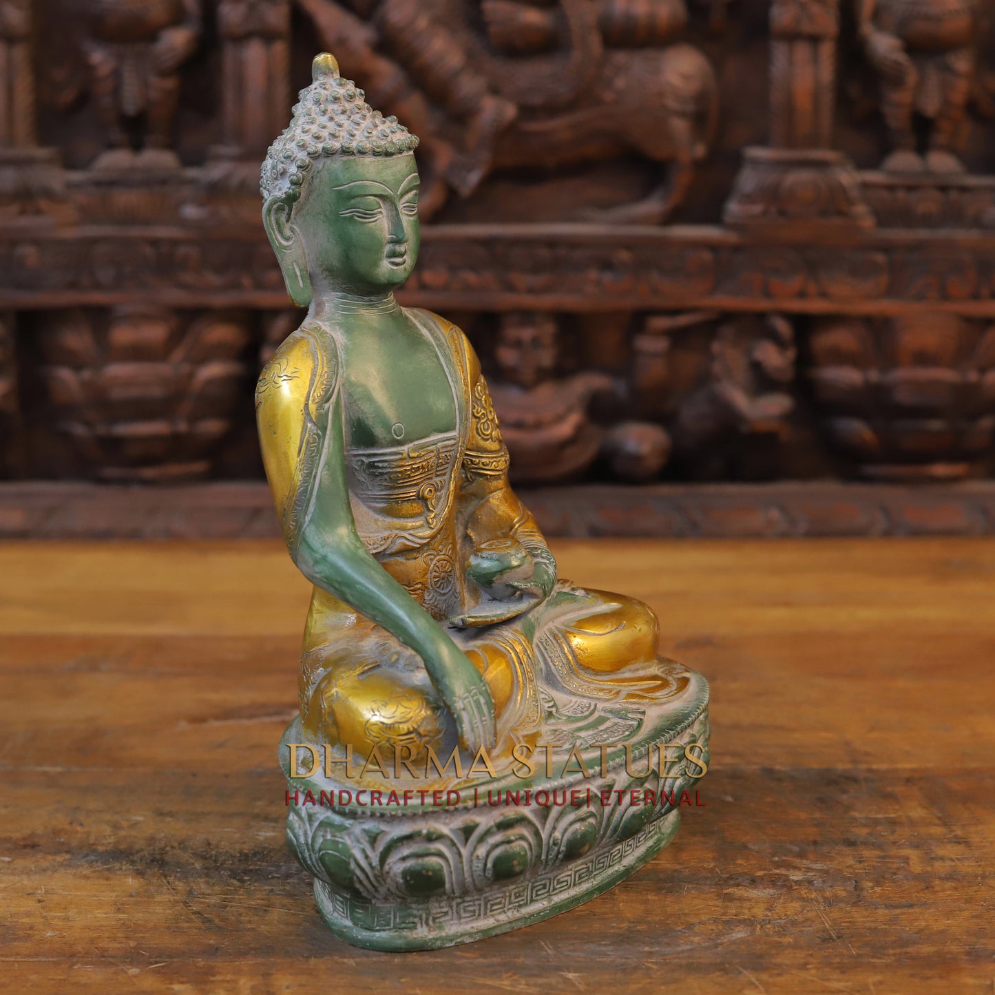 Brass Buddha, Green & Golden Finish, 12"