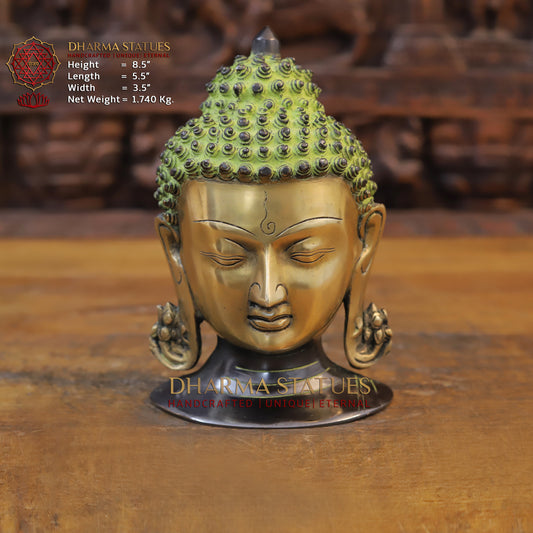Brass Buddha Head, Green tint & Golden Finish, 8.5"